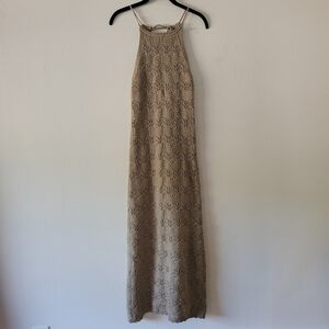 Miou Muse Crochet Open‎ Back Maxi Dress Tan Small Adjustable Tie Beach Boho